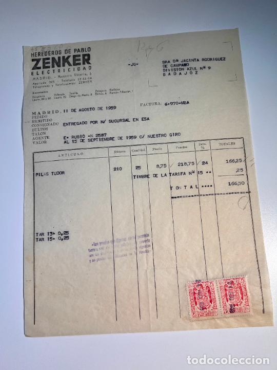 Facturas antiguas: FACTURA. ZENKER ELECTRICIDAD. HEREDEROS DE PABLO ZENKER. MADRID, 1959