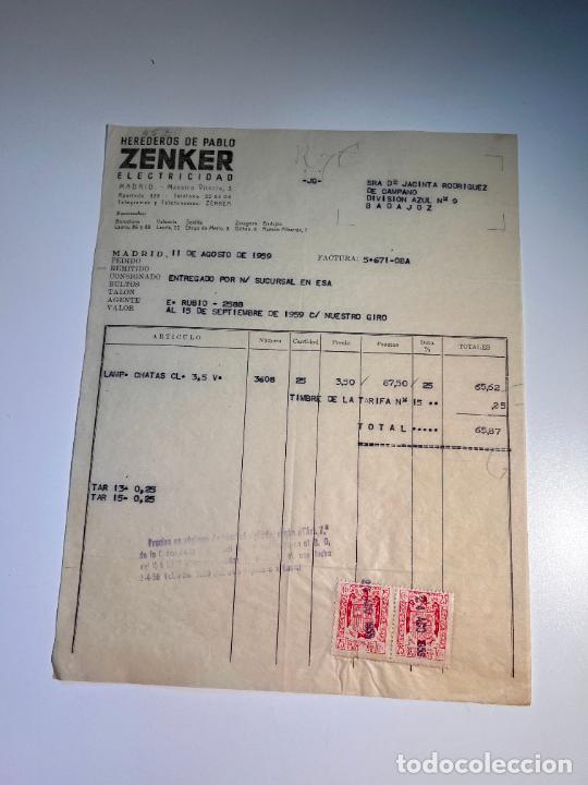 Facturas antiguas: FACTURA. ZENKER ELECTRICIDAD. HEREDEROS DE PABLO ZENKER. MADRID, 1959