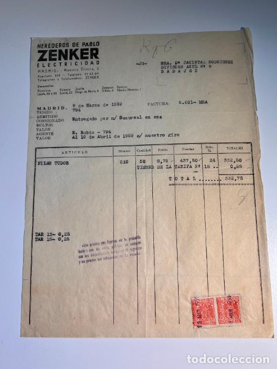 Facturas antiguas: FACTURA. ZENKER ELECTRICIDAD. HEREDEROS DE PABLO ZENKER. MADRID, 1959