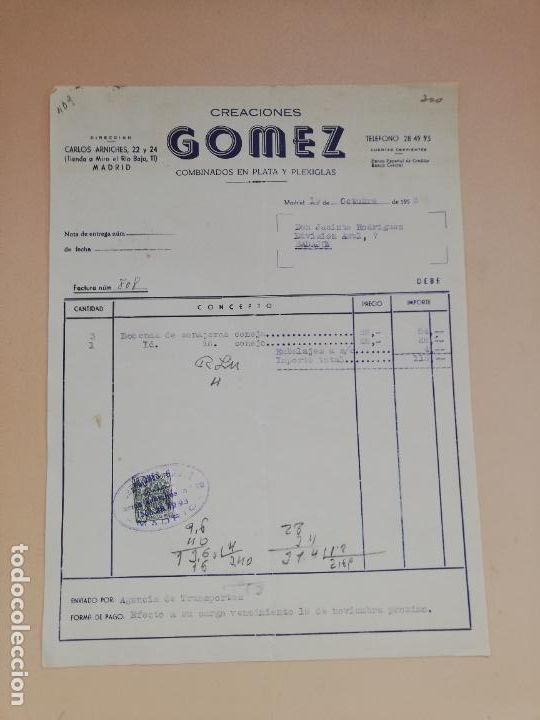 Facturas antiguas: FACTURA. CREACIONES GOMEZ. COMBINADO EN PLATA Y PLEXIGLAS. MADRID, 1953.