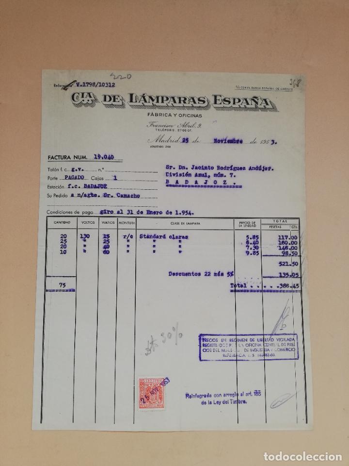 Facturas antiguas: FACTURA. CIA. DE LAMPARAS ESPA&Ntilde;A. FABRICA Y OFICINAS. MADRID, 1953.