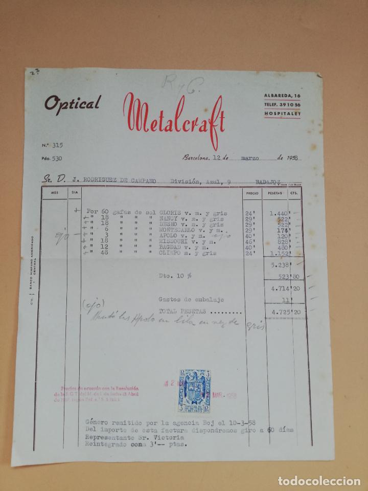 Facturas antiguas: FACTURA. OPTICAL METALCRAFT. BARCELONA. 1958.