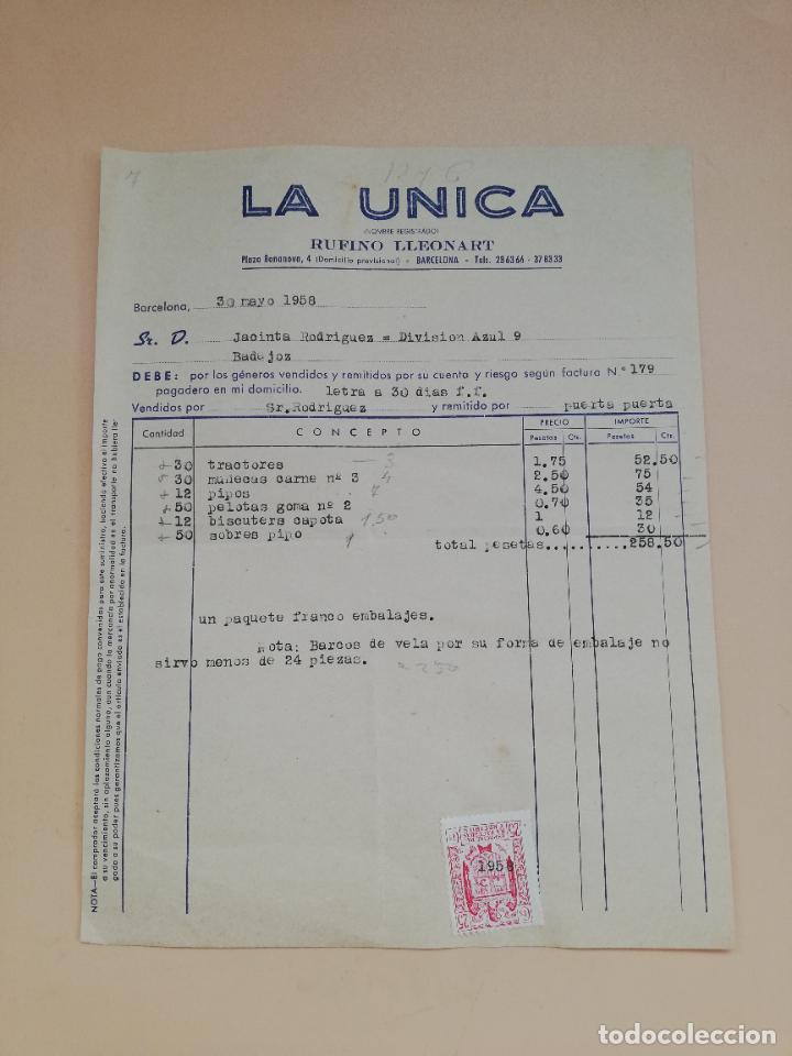 Facturas antiguas: FACTURA. LA UNICA. RUFINO LLEONART. BARCELONA. 1958.