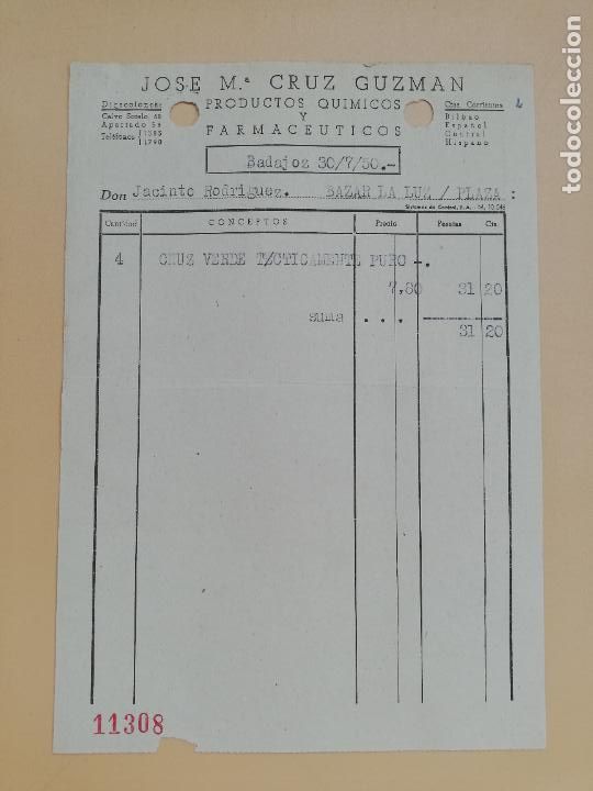 Facturas antiguas: FACTURA. PRODUCTOS QUIMICOS Y FARMACEUTICOS. JOSE M&ordf;. CEUZ GUZMAN. BADAJOZ, 1950.