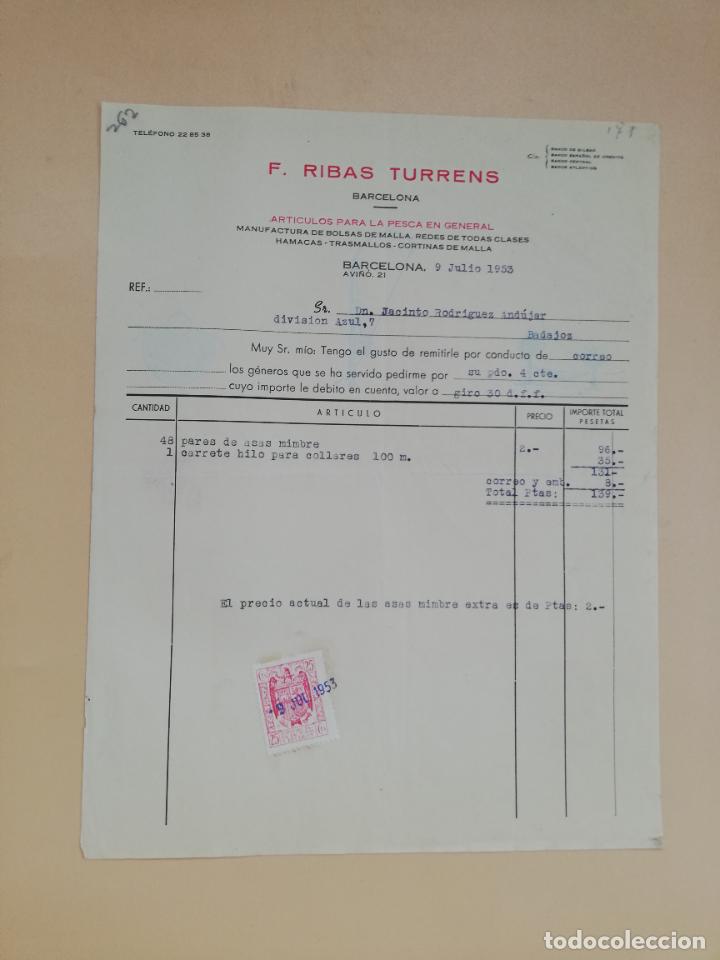 Facturas antiguas: FACTURA. ARTICULOS PARA LA PESCA EN GENERAL. F. RIBAS TURRENS. BARCELONA, 1953.