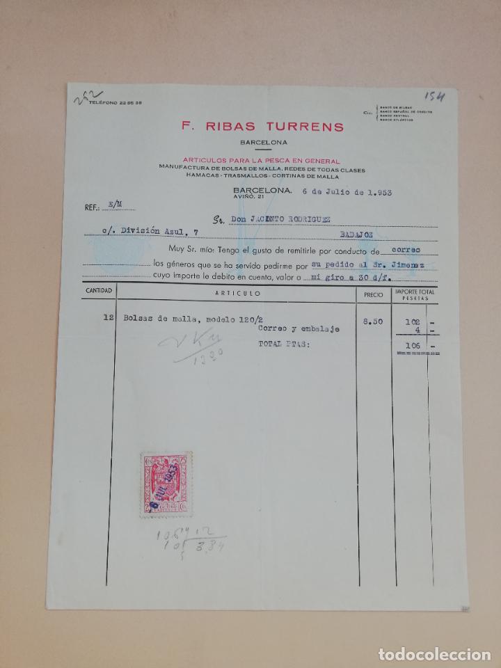 Facturas antiguas: FACTURA. ARTICULOS PARA LA PESCA EN GENERAL. F. RIBAS TURRENS. BARCELONA, 1953.