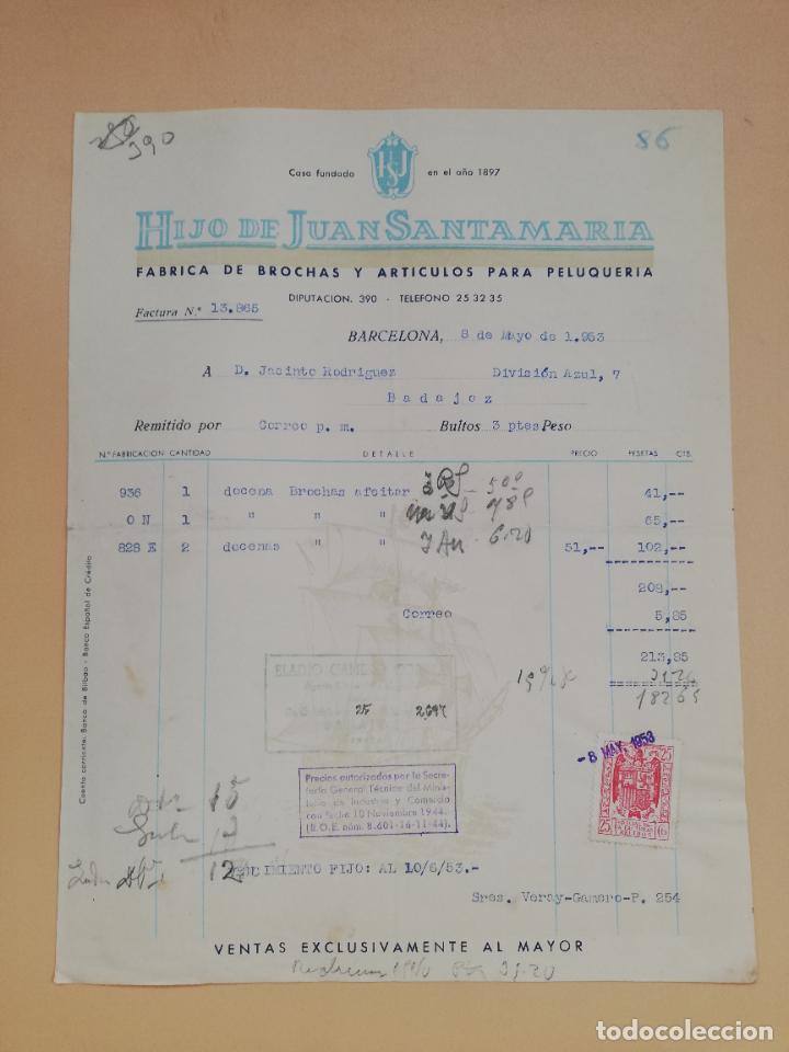 Facturas antiguas: FACTURA. FABRICA DE BROCHAS Y ARTICULOS PARA PELUQUERIA. HIJO DE JUAN SANTAMARIA. BARCELONA. 1953.