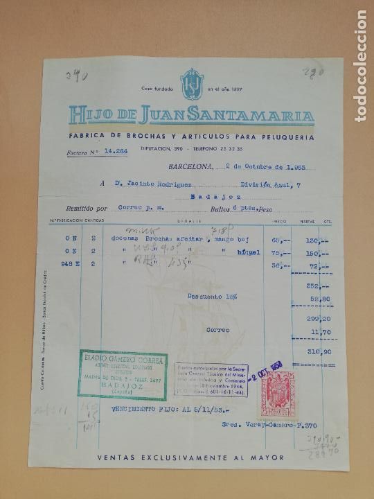 Facturas antiguas: FACTURA. FABRICA DE BROCHAS Y ARTICULOS PARA PELUQUERIA. HIJO DE JUAN SANTAMARIA. BARCELONA. 1953.