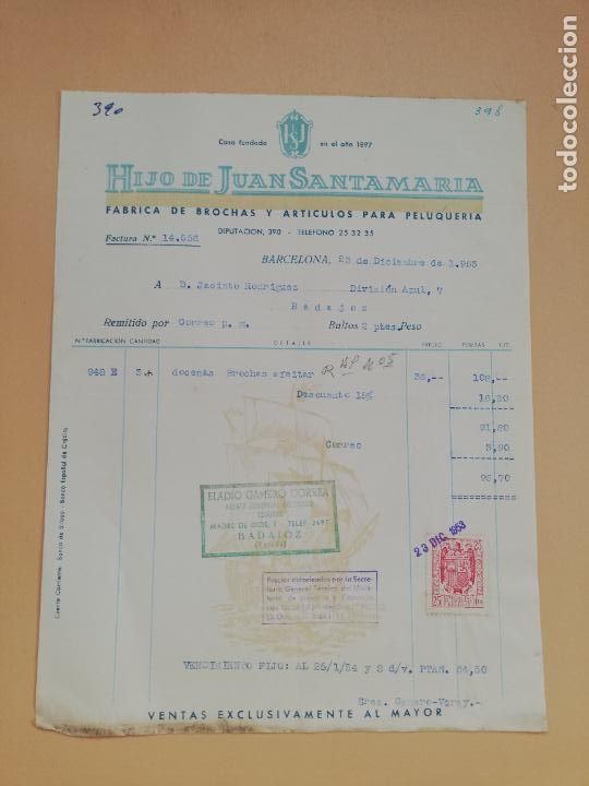 Facturas antiguas: FACTURA. FABRICA DE BROCHAS Y ARTICULOS PARA PELUQUERIA. HIJO DE JUAN SANTAMARIA. BARCELONA. 1953.