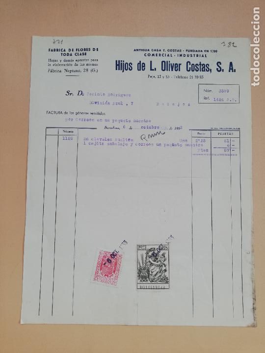 Facturas antiguas: FACTURA. FABRICA DE FLORES. HIJOS DE L. OLIVER COSTAS, S.A. BARCELONA, 1953.