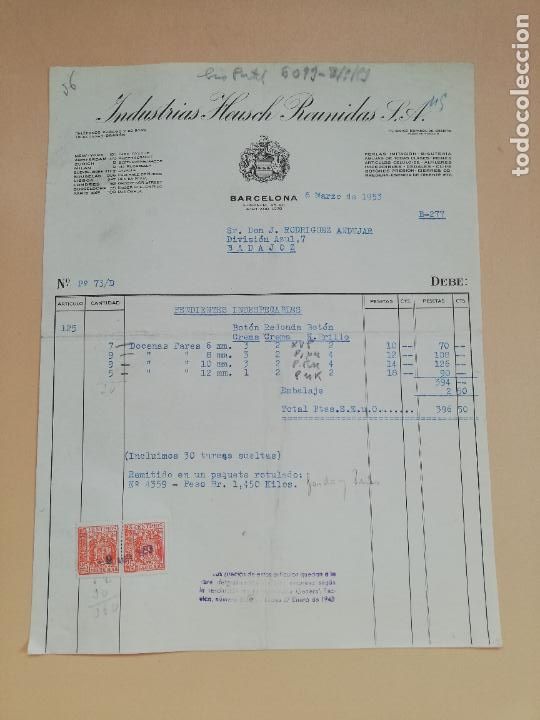 Facturas antiguas: FACTURA. INDUSTRIAS HEUSCH REUNIDAS S.A. BARCELONA, 1953.