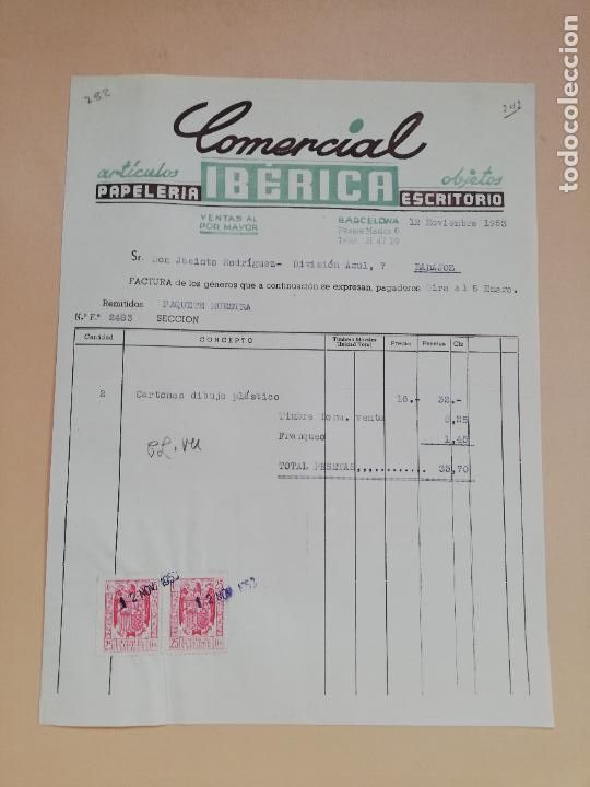 Facturas antiguas: FACTURA. ARTICULOS PAPELERIA ESCRITORIO. COMERCIAL IBERICA. BARCELONA, 1953.