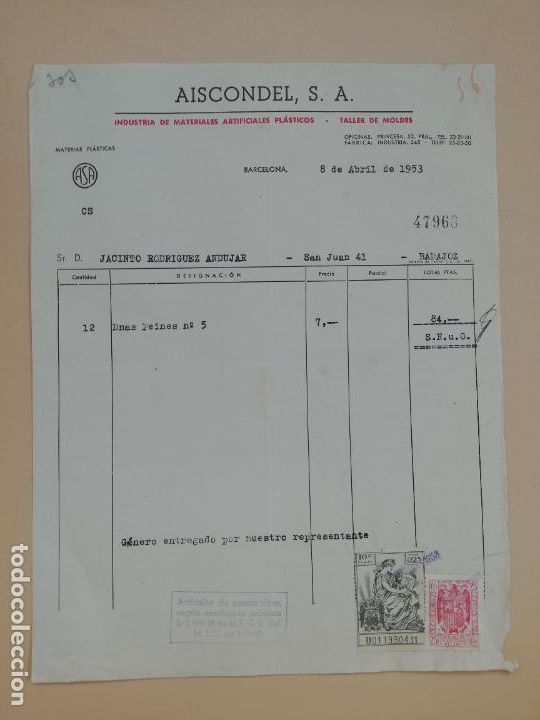 Facturas antiguas: FACTURA. AISCONDEL, S.A. INDUSTRIA DE MATERIALES ARTIFICIALES PLASTICOS. BARCELONA, 1953.
