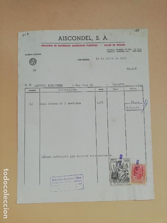 Facturas antiguas: FACTURA. AISCONDEL, S.A. INDUSTRIA DE MATERIALES ARTIFICIALES PLASTICOS. BARCELONA, 1953.