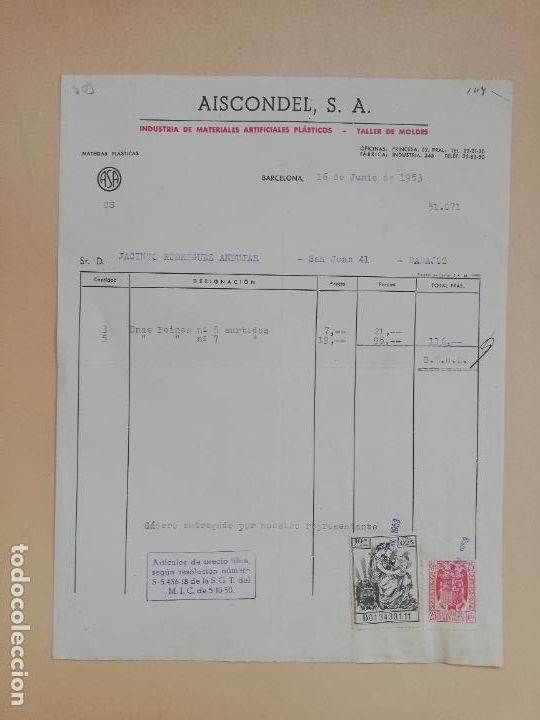 Facturas antiguas: FACTURA. AISCONDEL, S.A. INDUSTRIA DE MATERIALES ARTIFICIALES PLASTICOS. BARCELONA, 1953.