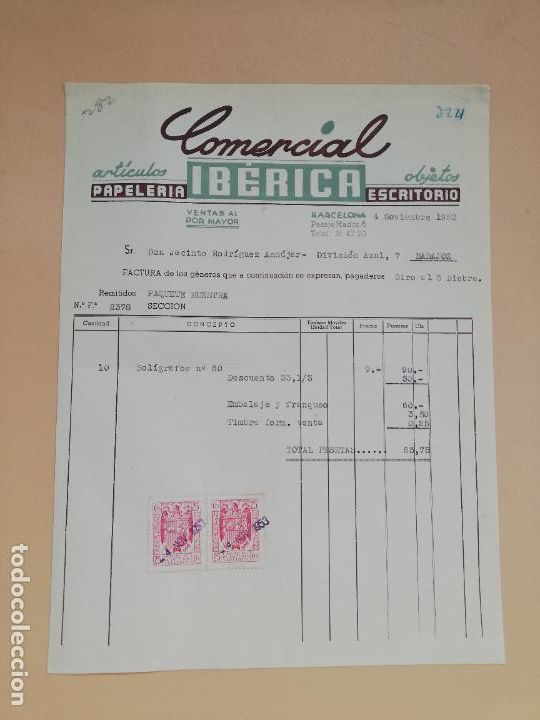 Facturas antiguas: FACTURA. ARTICULOS PAPELERIA ESCRITORIO. COMERCIAL IBERICA. BARCELONA, 1953.