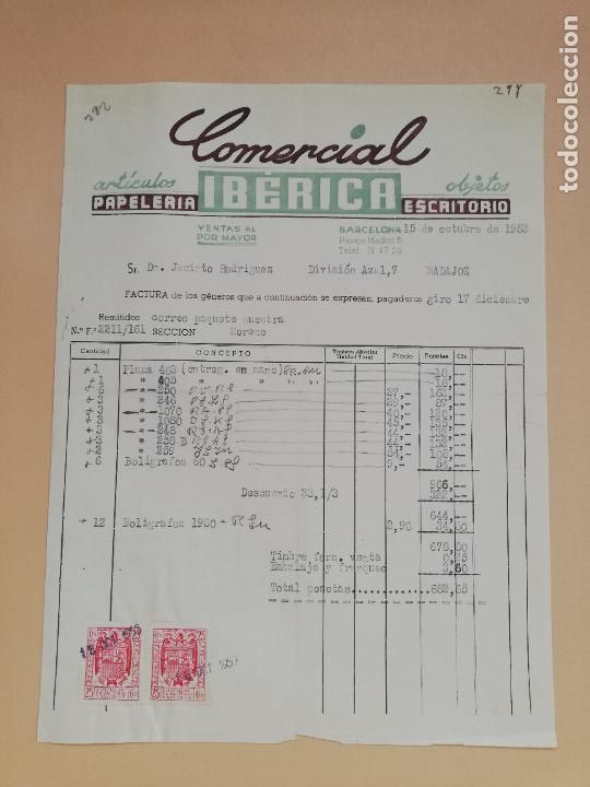 Facturas antiguas: FACTURA. ARTICULOS PAPELERIA ESCRITORIO. COMERCIAL IBERICA. BARCELONA, 1953.
