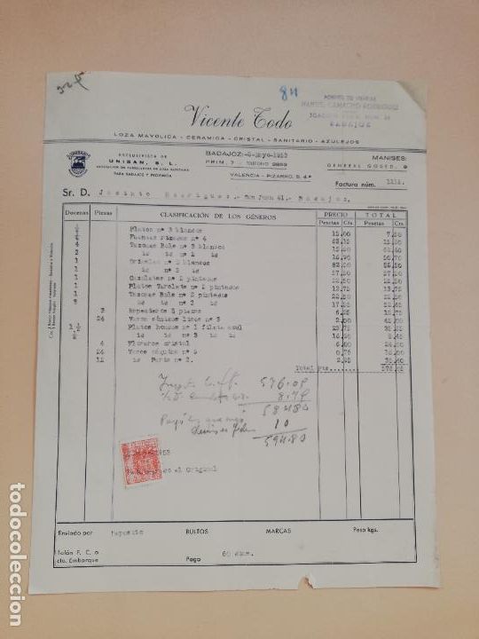 Facturas antiguas: FACTURA. LOZA MAYOLICA. CERAMICA. CRISTAL. SANITARIO. VICENTE TODO. BADAJOZ, 1953.