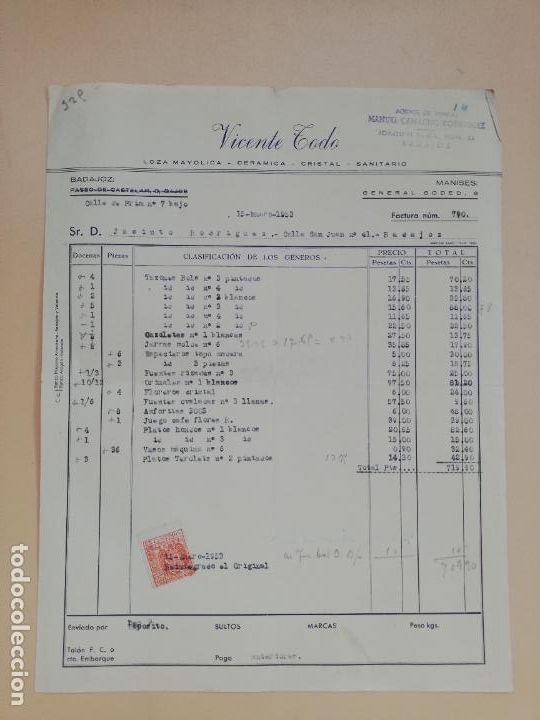 Facturas antiguas: FACTURA. LOZA MAYOLICA. CERAMICA. CRISTAL. SANITARIO. VICENTE TODO. BADAJOZ, 1953.