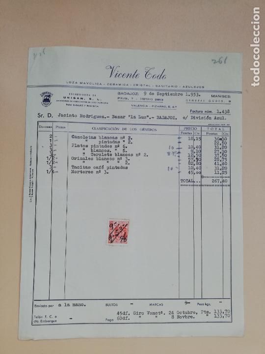 Facturas antiguas: FACTURA. LOZA MAYOLICA. CERAMICA. CRISTAL. SANITARIO. VICENTE TODO. BADAJOZ, 1953.