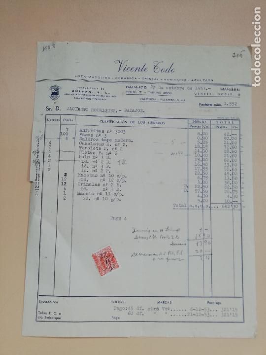 Facturas antiguas: FACTURA. LOZA MAYOLICA. CERAMICA. CRISTAL. SANITARIO. VICENTE TODO. BADAJOZ, 1953.