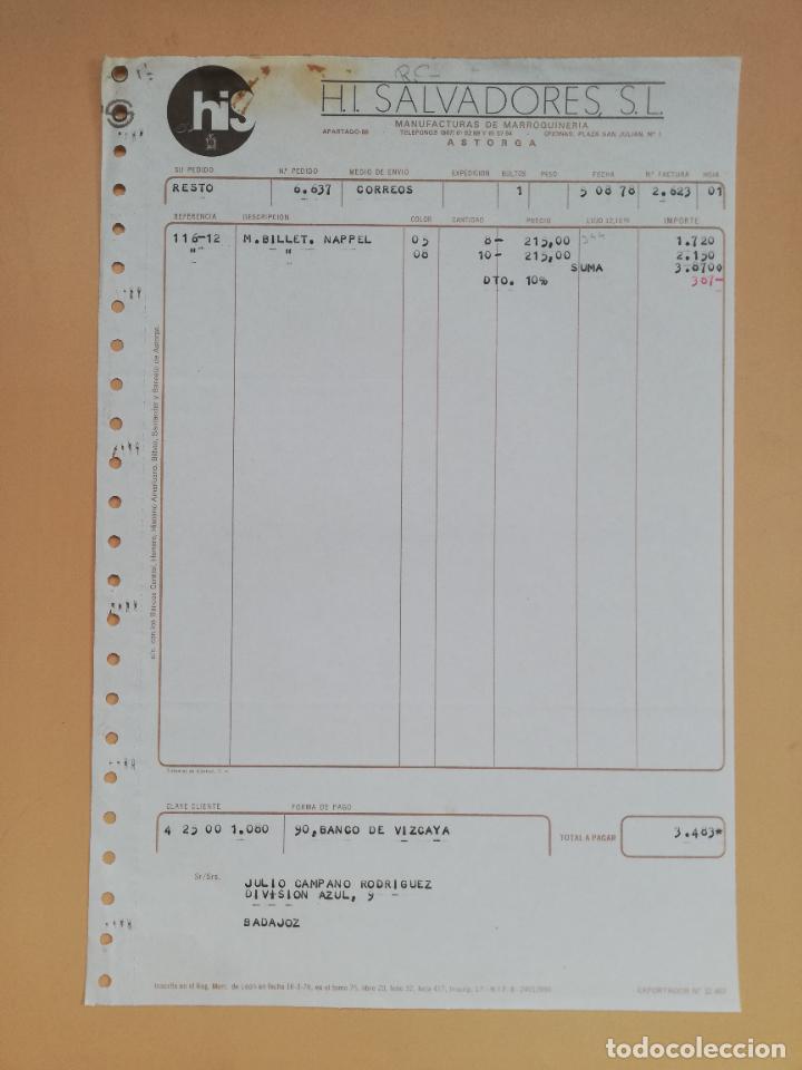 Facturas antiguas: FACTURA. H. I. SALVADORES, S.L. MANUFACTURAS DE MARROQUINERIA. ASTORGA, LEON, 1978.