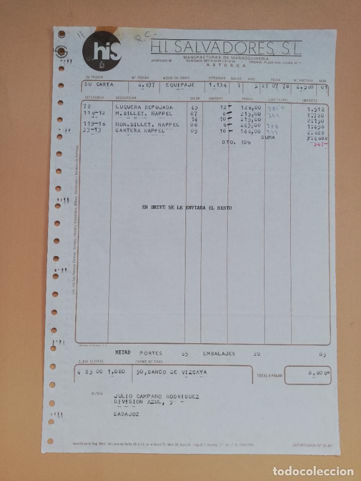 Facturas antiguas: FACTURA. H. I. SALVADORES, S.L. MANUFACTURAS DE MARROQUINERIA. ASTORGA, LEON, 1978.
