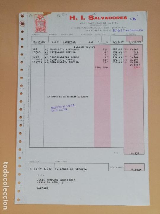 Facturas antiguas: FACTURA. H. I. SALVADORES, S.L. MANUFACTURAS DE LA PIEL. ASTORGA, LEON, 1978.