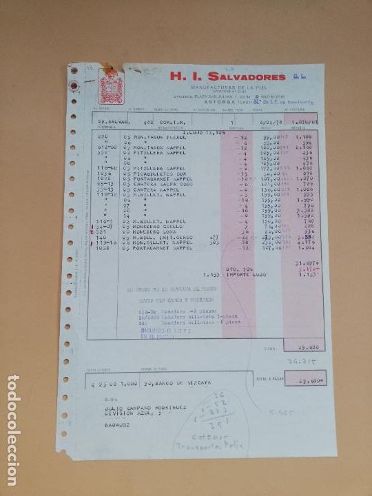 Facturas antiguas: FACTURA. H. I. SALVADORES, S.L. MANUFACTURAS DE LA PIEL. ASTORGA, LEON, 1978.