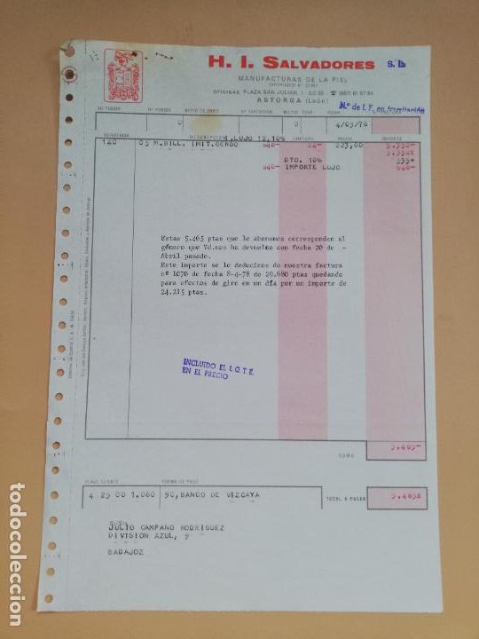 Facturas antiguas: FACTURA. H. I. SALVADORES, S.L. MANUFACTURAS DE LA PIEL. ASTORGA, LEON, 1978.