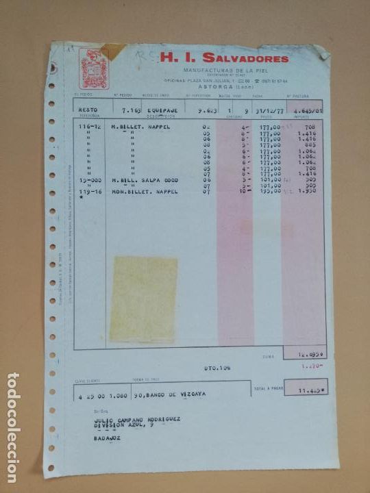 Facturas antiguas: FACTURA. H. I. SALVADORES, S.L. MANUFACTURAS DE LA PIEL. ASTORGA, LEON, 1977.
