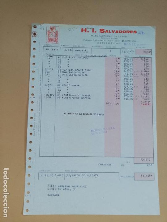 Facturas antiguas: FACTURA. H. I. SALVADORES, S.L. MANUFACTURAS DE LA PIEL. ASTORGA, LEON, 1978.