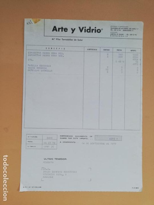 Facturas antiguas: FACTURA. ARTE Y VIDRIO. M&ordf; PILAR TARRADELLAS DE SOLER. BARCELONA, 1978.