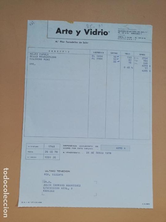 Facturas antiguas: FACTURA. ARTE Y VIDRIO. M&ordf; PILAR TARRADELLAS DE SOLER. BARCELONA, 1978.