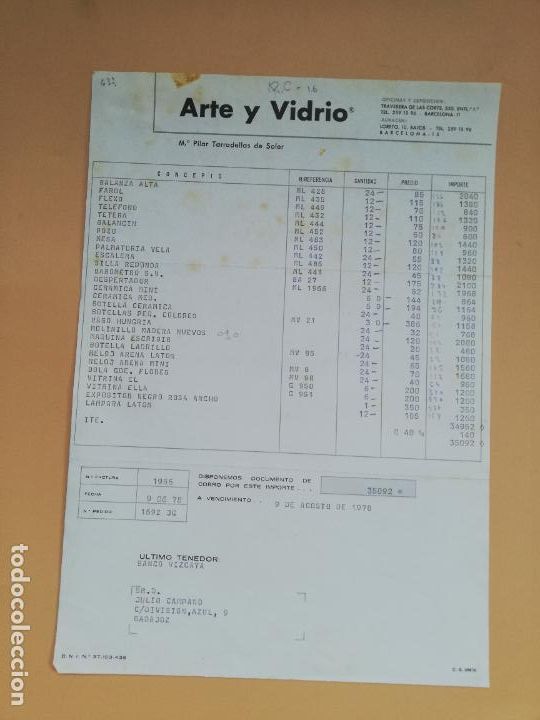 Facturas antiguas: FACTURA. ARTE Y VIDRIO. M&ordf; PILAR TARRADELLAS DE SOLER. BARCELONA, 1978.