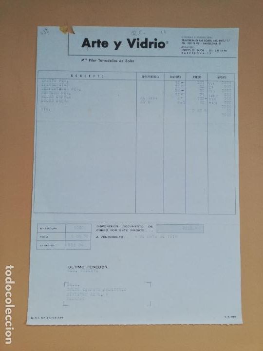 Facturas antiguas: FACTURA. ARTE Y VIDRIO. M&ordf; PILAR TARRADELLAS DE SOLER. BARCELONA, 1978.