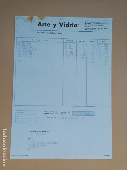 Facturas antiguas: FACTURA. ARTE Y VIDRIO. M&ordf; PILAR TARRADELLAS DE SOLER. BARCELONA, 1978.