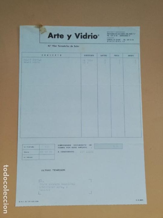 Factures anciennes: FACTURA. ARTE Y VIDRIO. M&ordf; PILAR TARRADELLAS DE SOLER. BARCELONA, 1978.