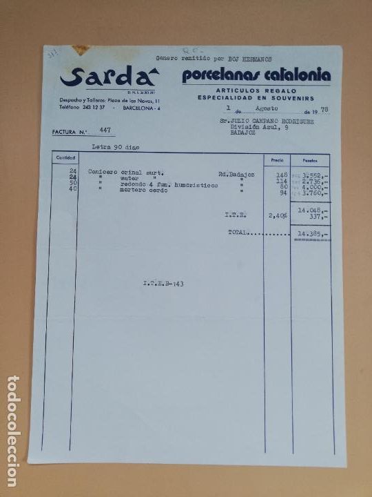 Factures anciennes: FACTURA. PORCELANAS CATALONIA. ARTICULOS REGALO ESPECIAL EN SOUVENIRS. SARDA. BARCELONA, 1978.