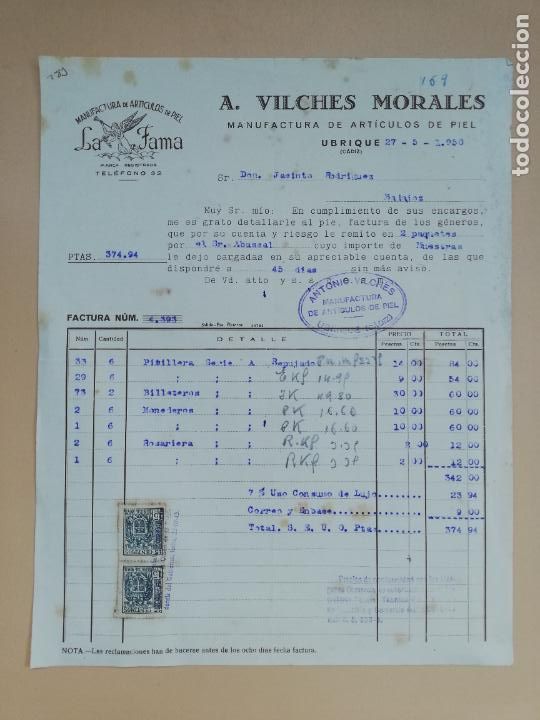 Facturas antiguas: FACTURA. ARTICULOS DE PIEL. LA FAMA. A. VILCHES MORALLES. UBRIQUE, CADIZ, 1950.