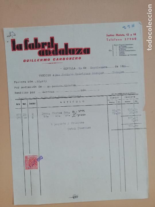 Facturas antiguas: FACTURA. LA FABRIL ANDALUZA. GUILLERMO CARBONERO. SEVILLA. 1950.