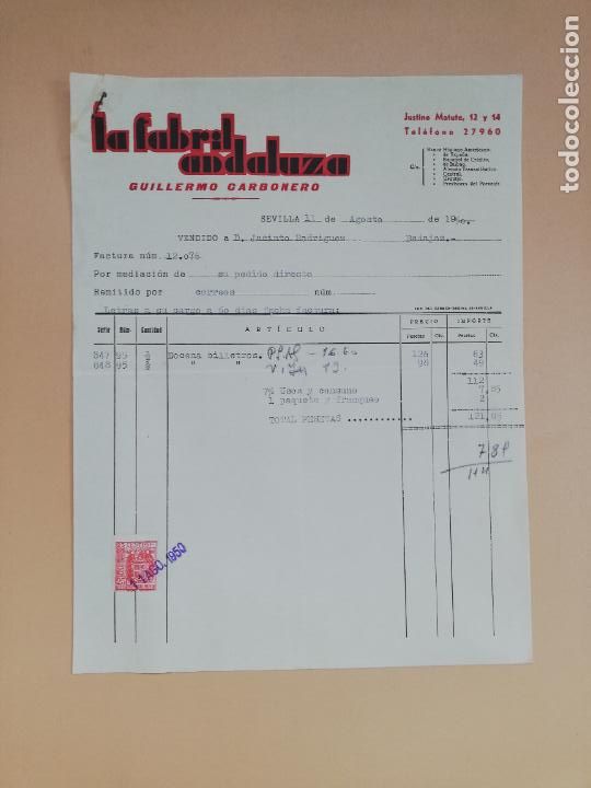 Facturas antiguas: FACTURA. LA FABRIL ANDALUZA. GUILLERMO CARBONERO. SEVILLA. 1950.