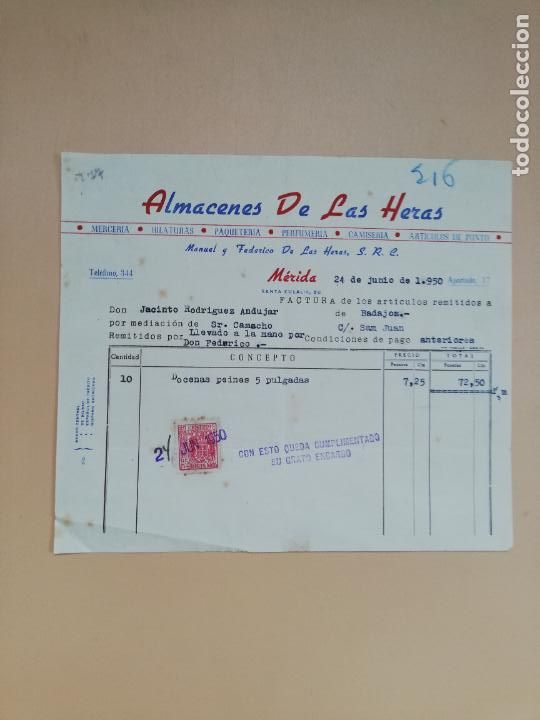 Facturas antiguas: FACTURA. ALMACENES DE LAS HERAS. MERCERIA-HILATURAS-PAQUETERIA. MERIDA, 1950.