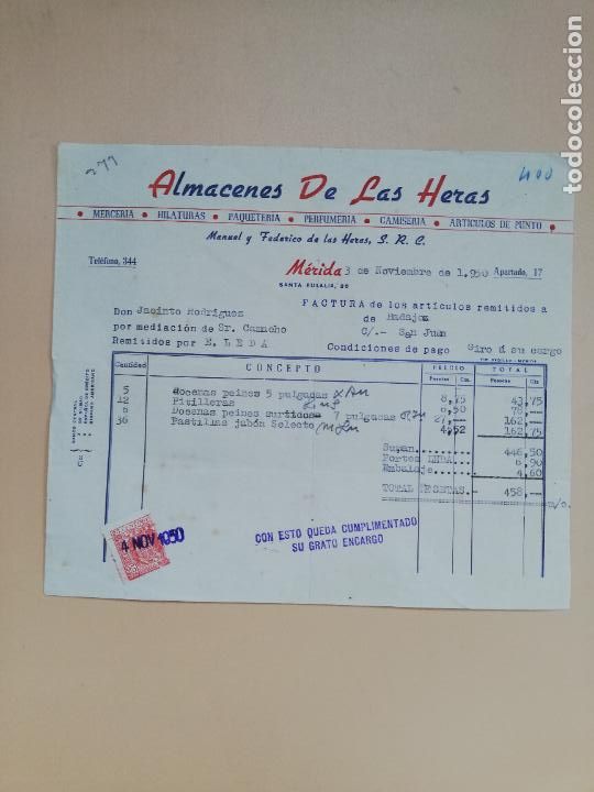 Facturas antiguas: FACTURA. ALMACENES DE LAS HERAS. MERCERIA-HILATURAS-PAQUETERIA. MERIDA, 1950.