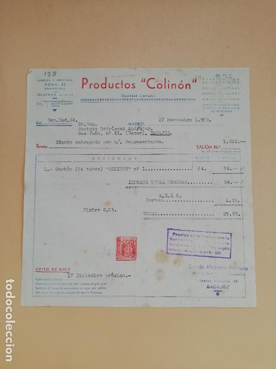 Facturas antiguas: FACTURA. FABRICACION DE PEGAMENTOS. PRODUCTOS COLINON. MADRID, 1950.