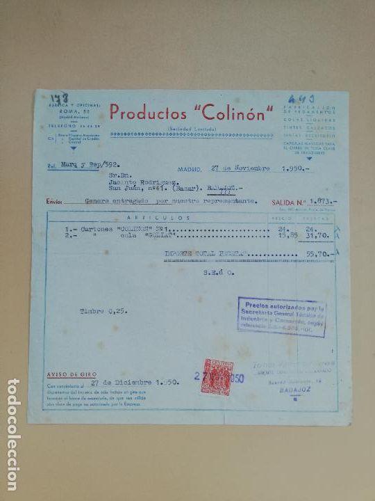 Facturas antiguas: FACTURA. FABRICACION DE PEGAMENTOS. PRODUCTOS COLINON. MADRID, 1950.
