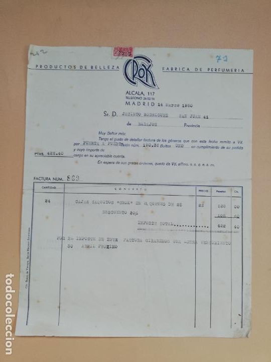 Facturas antiguas: FACTURA. PRODUCTOS DE BELLEZA. FABRICA DE PERFUMERIA. CROK. MADRID, 1950.