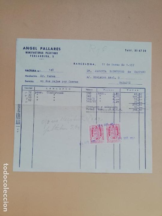 Facturas antiguas: FACTURA. ANGEL PALLARES. MANUFACTURAS PLASTICAS. BARCELONA, 1957.