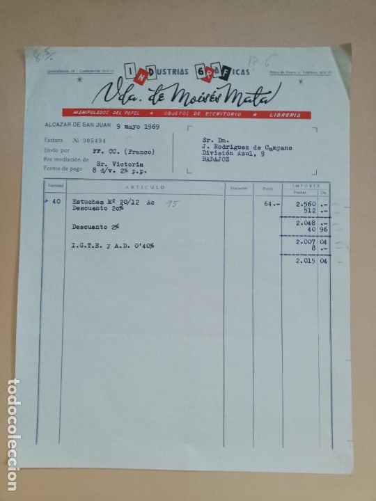 Facturas antiguas: FACTURA. INDUSTRIAS GRAFICAS. VDA. DE MOISES MATA. ALCAZAR DE SAN JUAN, CIUDAD REAL. 1969.