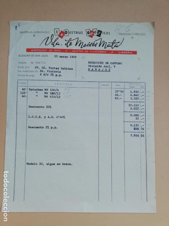 Facturas antiguas: FACTURA. INDUSTRIAS GRAFICAS. VDA. DE MOISES MATA. ALCAZAR DE SAN JUAN, CIUDAD REAL. 1969.
